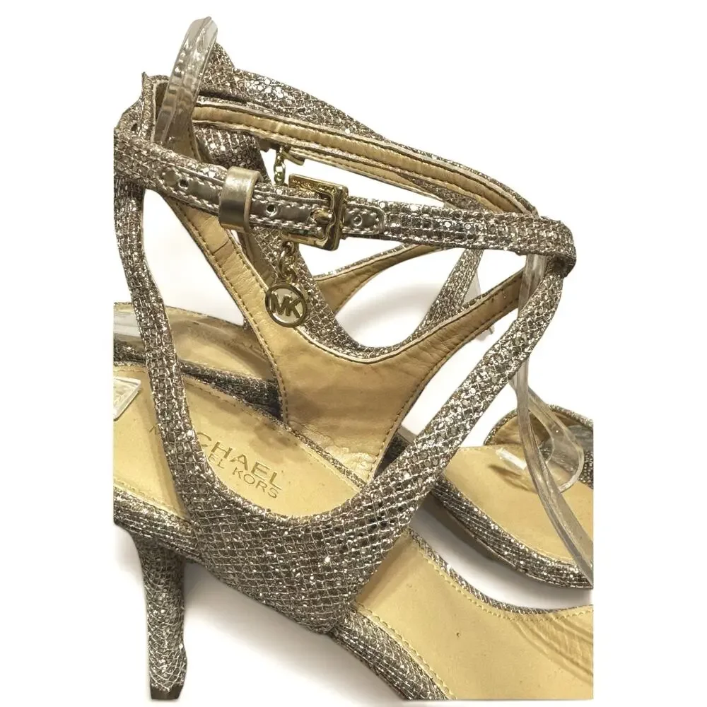 Michael Kors Kaylee Mid Heel Strappy Sandals Gold Sand + Silver Glitter Size 9